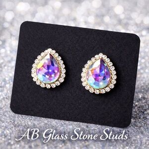 Gold Halo Teardrop AB Crystal Stud Earrings - Iridescent Purple-Blue